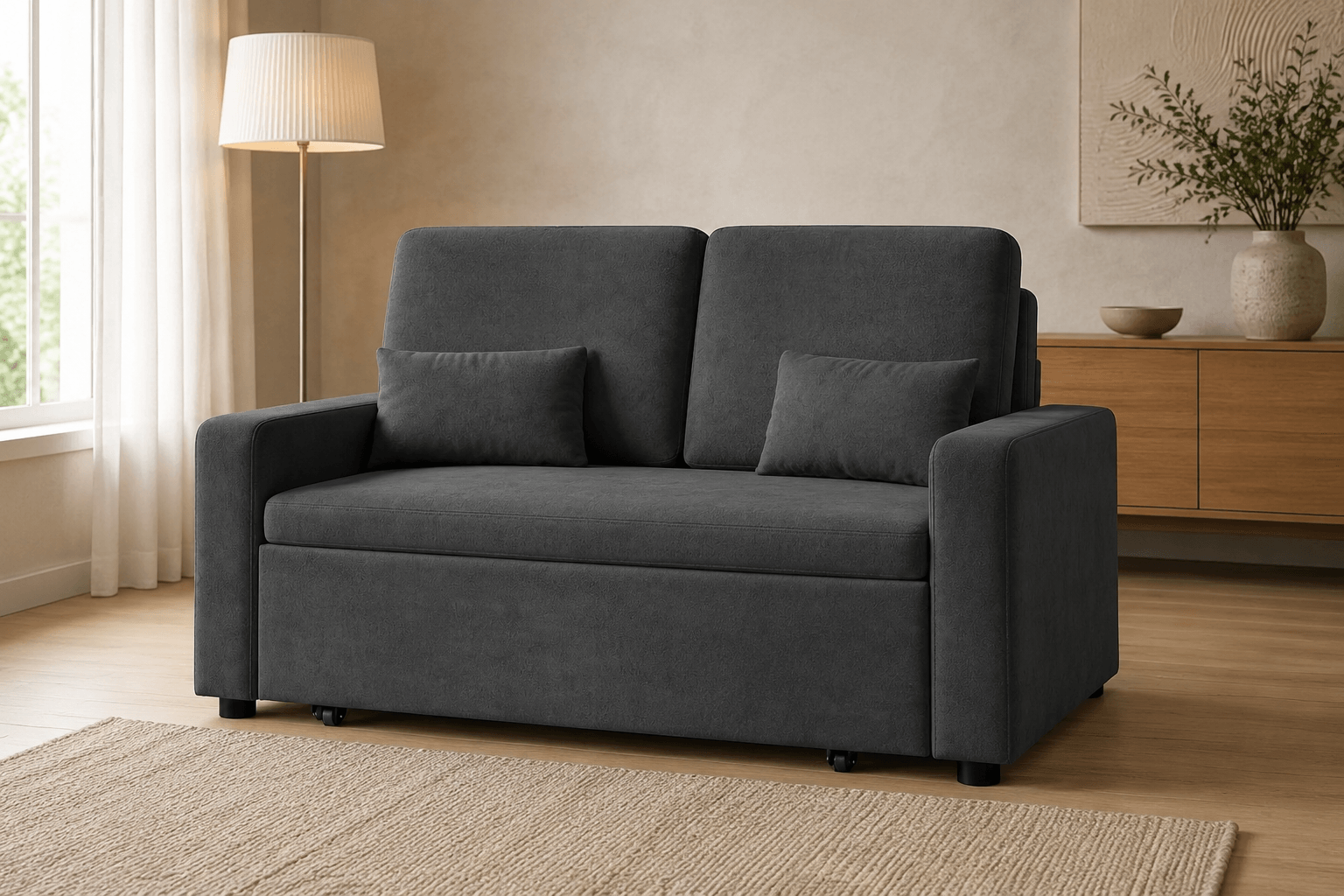 Xbro divano letto 2 posti grigio scuro aperto in configurazione letto