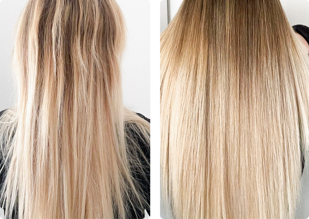 Confronto prima e dopo su capelli biondi lunghi curati con la routine Shampora