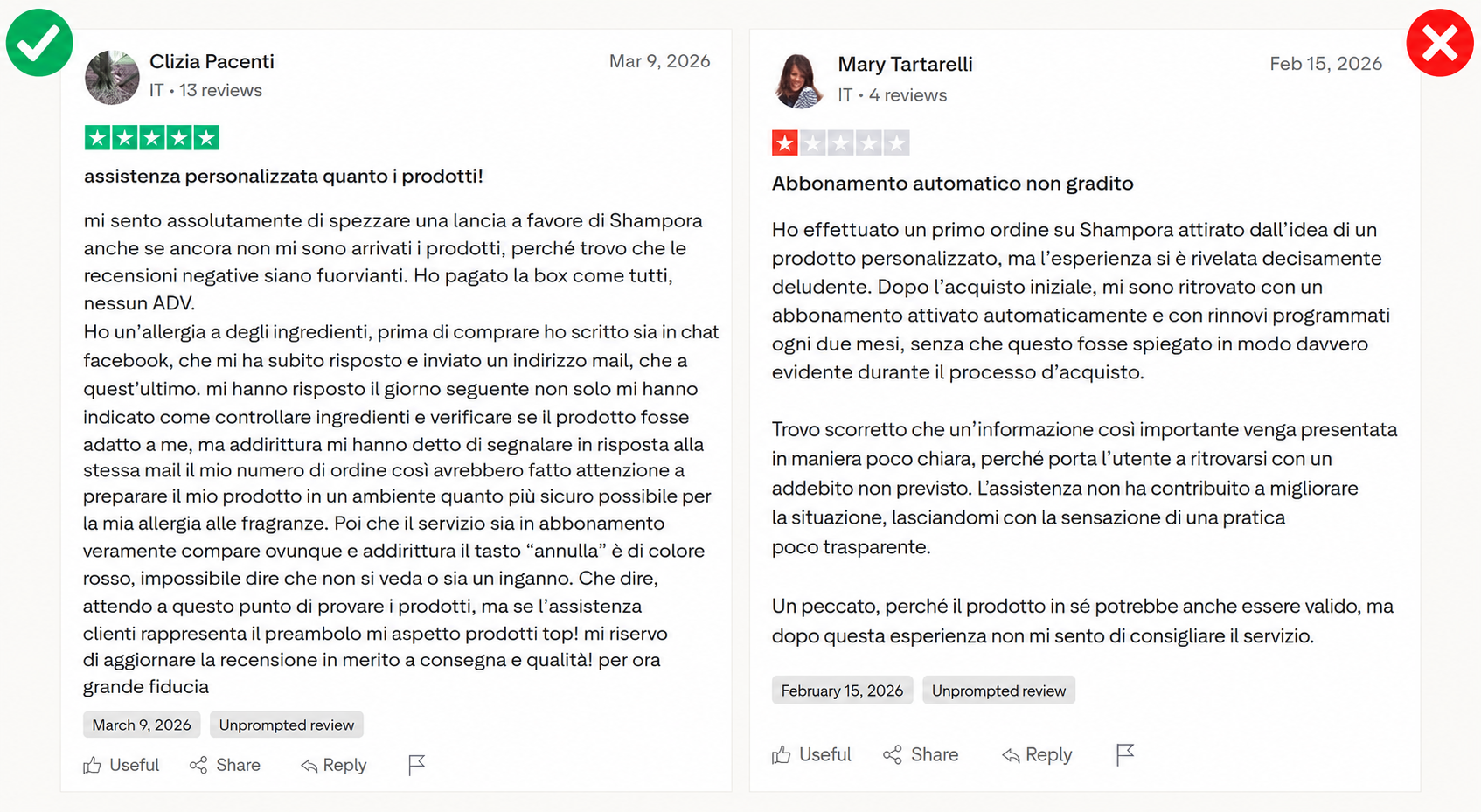 Due recensioni Trustpilot su Shampora: una positiva sull’assistenza e una negativa sul rinnovo automatico