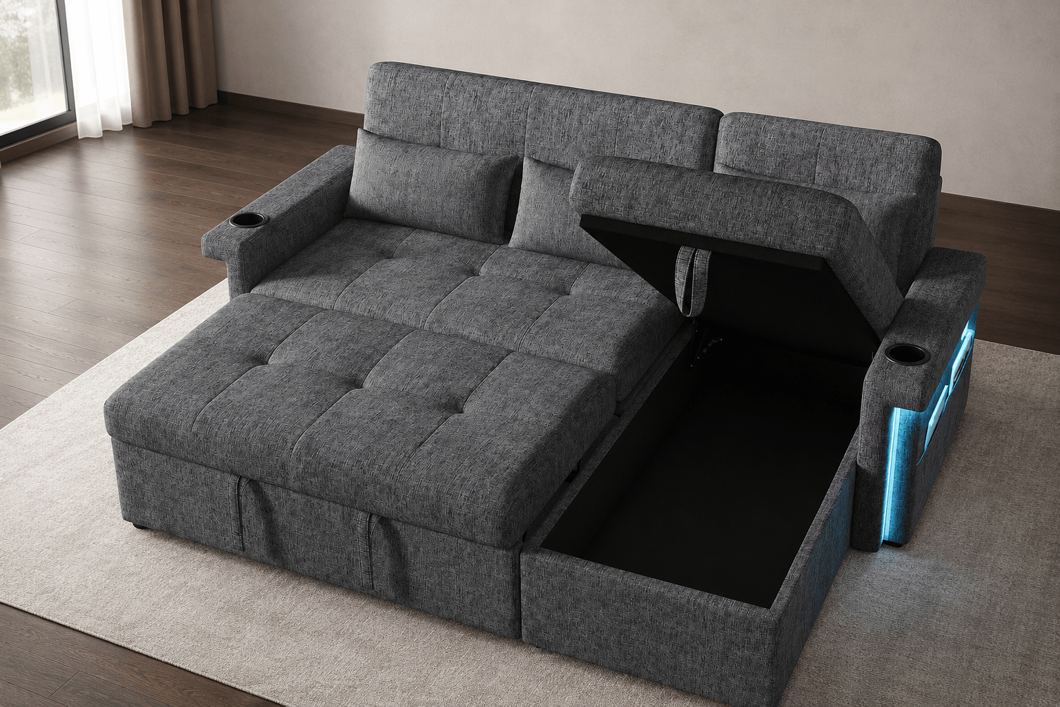 Cayipng divano angolare grigio a tre posti con chaise longue e vano contenitore
