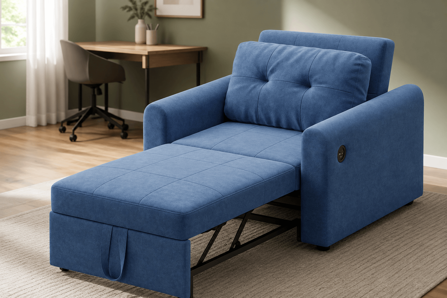Luxstein poltrona letto blu 3 in 1 con porte USB e Type-C